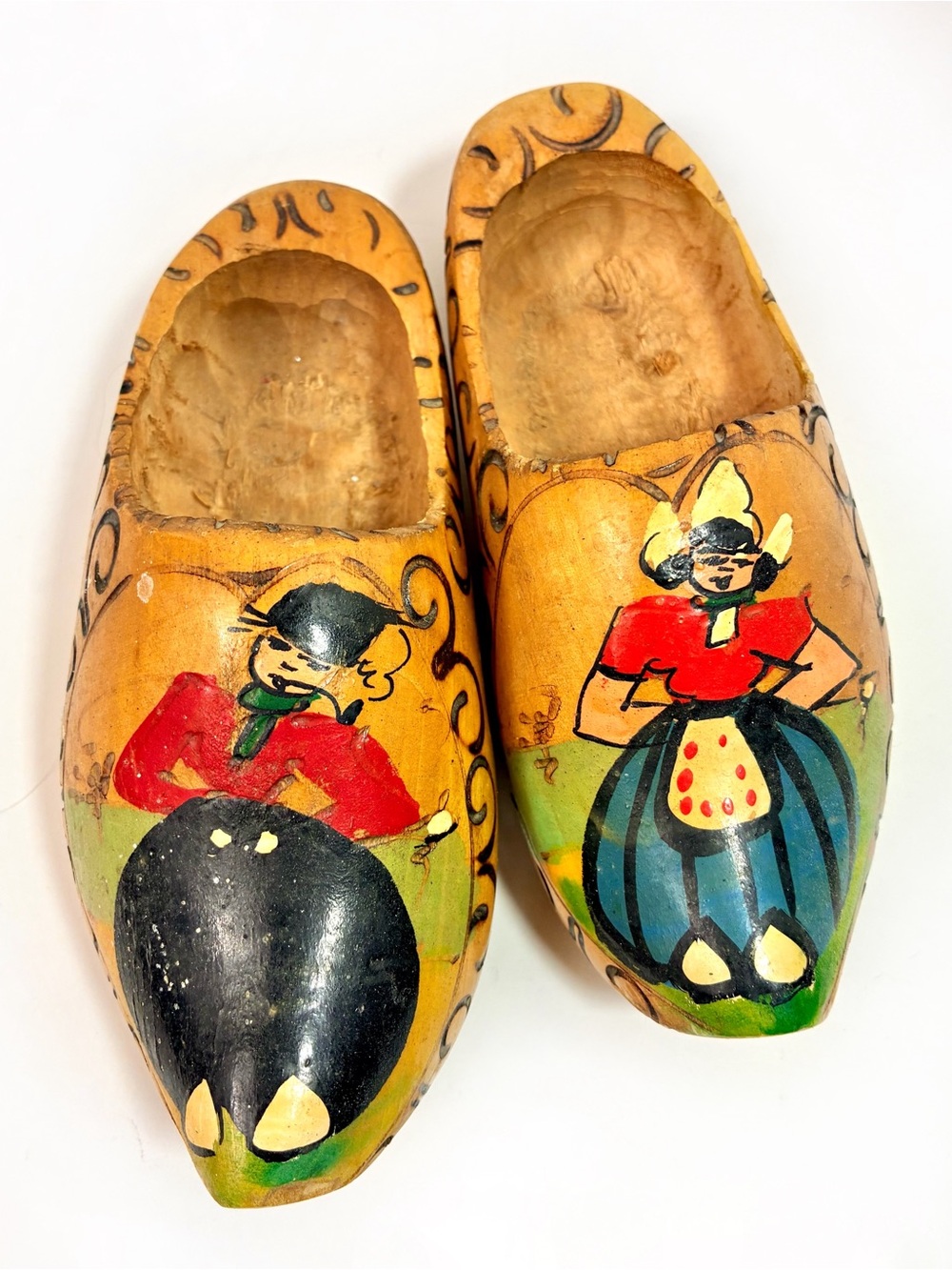 Mid-Century Vintage Hand-Painted Dutch Wooden Clogs With Folk Art Figures